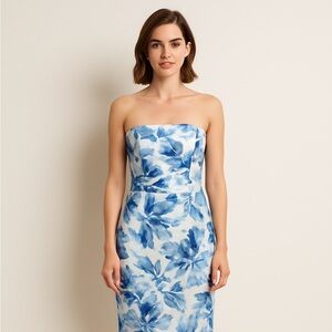 Tahari Strapless Blue and White Floral Dress